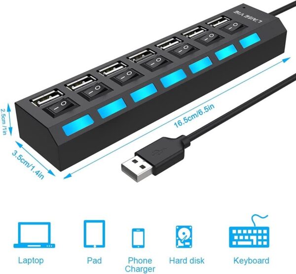SKY POWER  7 Portlu 2.0 USB Hub Çoklu USB Çoklayıcı Splitter Power Tuşlu Adaptör Siyah - Görsel 2