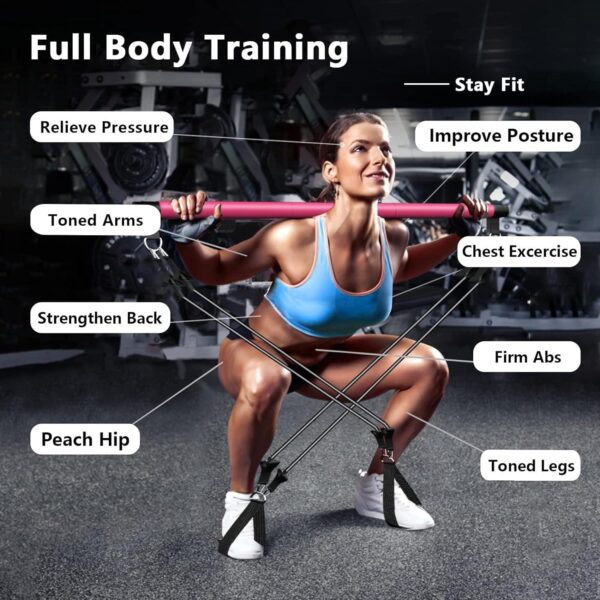 SKY POWER  4 Lastikli 1. Kalite Pilates Bar Egzersiz Çubuğu Ayarlanabilir Zorluk Evde Spor Squat Kademeli Çantalı Kolay Kurulum - Görsel 2