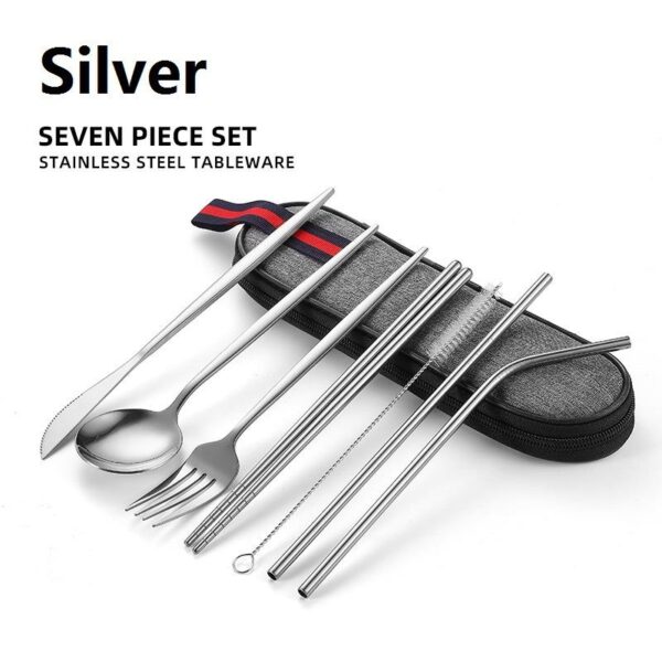 8 Parça Çantalı Yolculuk Çatal Bıçak Kaşık Pipet Chopstick Seti Kamp Okul Ofis Tatil Paslan - Görsel 6