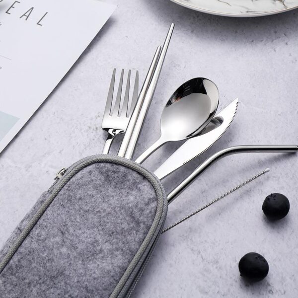 8 Parça Çantalı Yolculuk Çatal Bıçak Kaşık Pipet Chopstick Seti Kamp Okul Ofis Tatil Paslan - Görsel 7