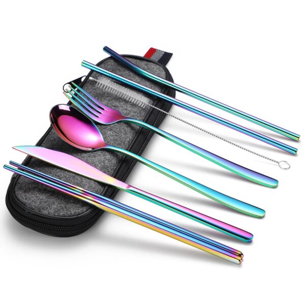 8 Parça Çantalı Yolculuk Çatal Bıçak Kaşık Pipet Chopstick Seti Kamp Okul Ofis Tatil Paslan - Görsel 4