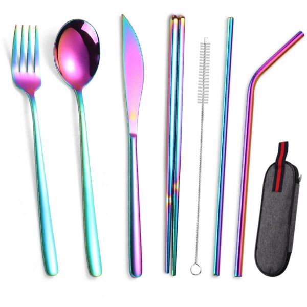 8 Parça Çantalı Yolculuk Çatal Bıçak Kaşık Pipet Chopstick Seti Kamp Okul Ofis Tatil Paslan - Görsel 5
