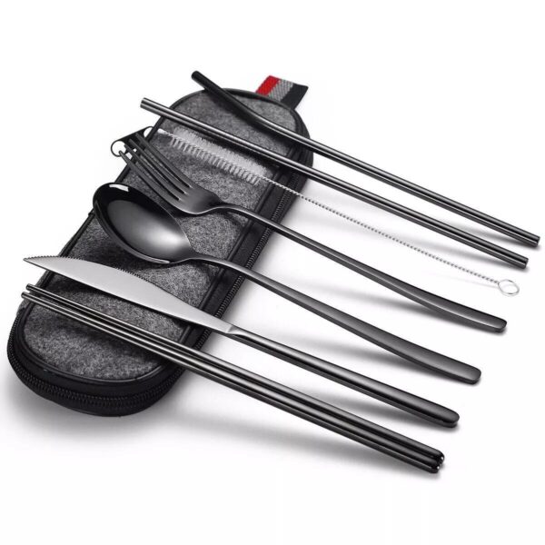 8 Parça Çantalı Yolculuk Çatal Bıçak Kaşık Pipet Chopstick Seti Kamp Okul Ofis Tatil Paslan
